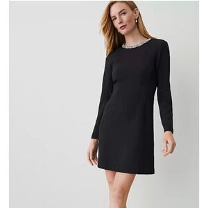 Ann Taylor NWT Black Jewel Rhinestone Neck Long Sleeve Sheath Dress Size 12